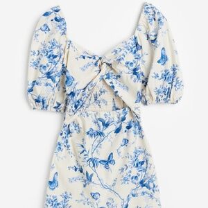 H&M womens a-line cream and blue linen mini dress with cut out Small